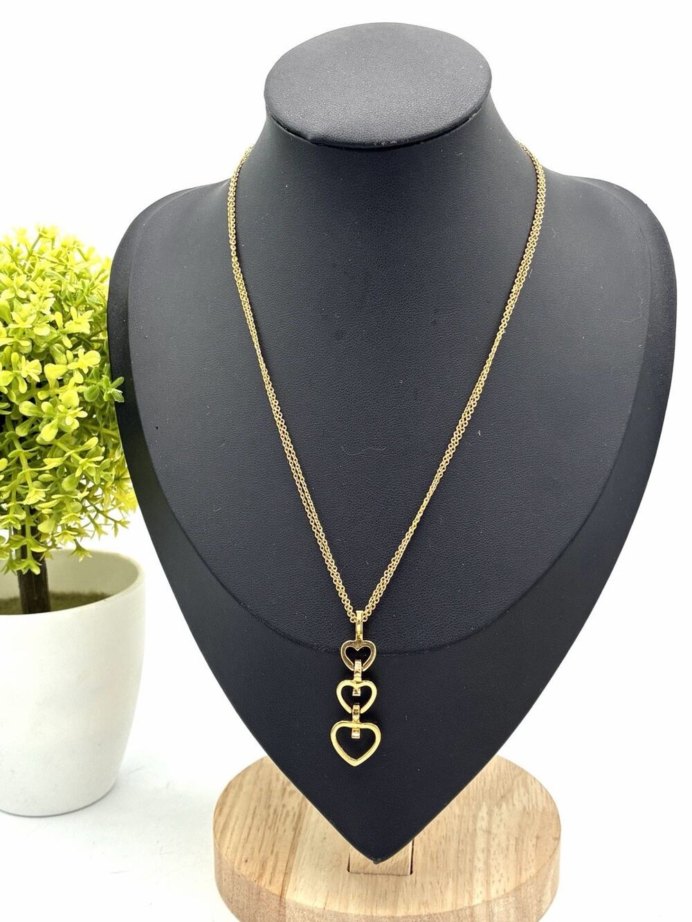 Vintage Avon Triple Cascading Heart Pendant Necklace Gold Tone Double Chain 16”